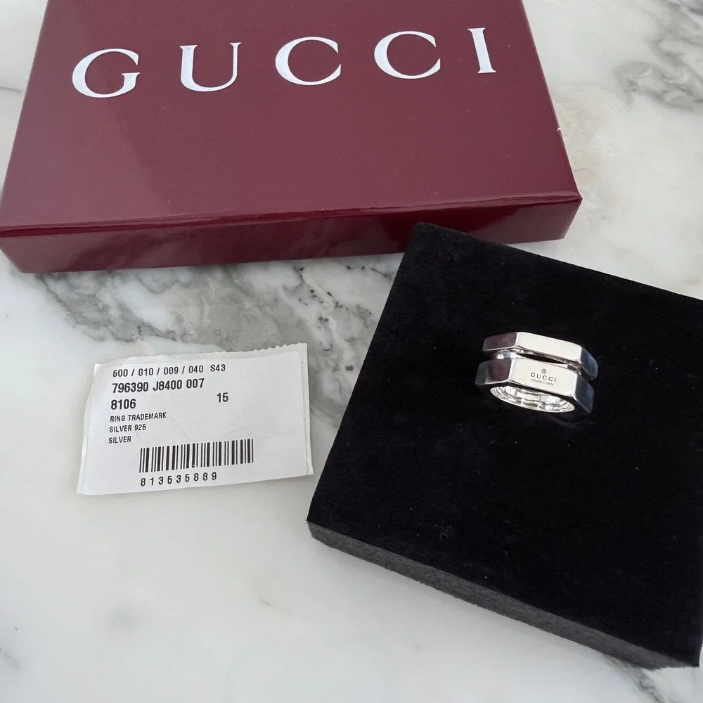 Gucci Trademark Sterling Silver Bolt Ring D 796390, Size 15 (US 7.25)